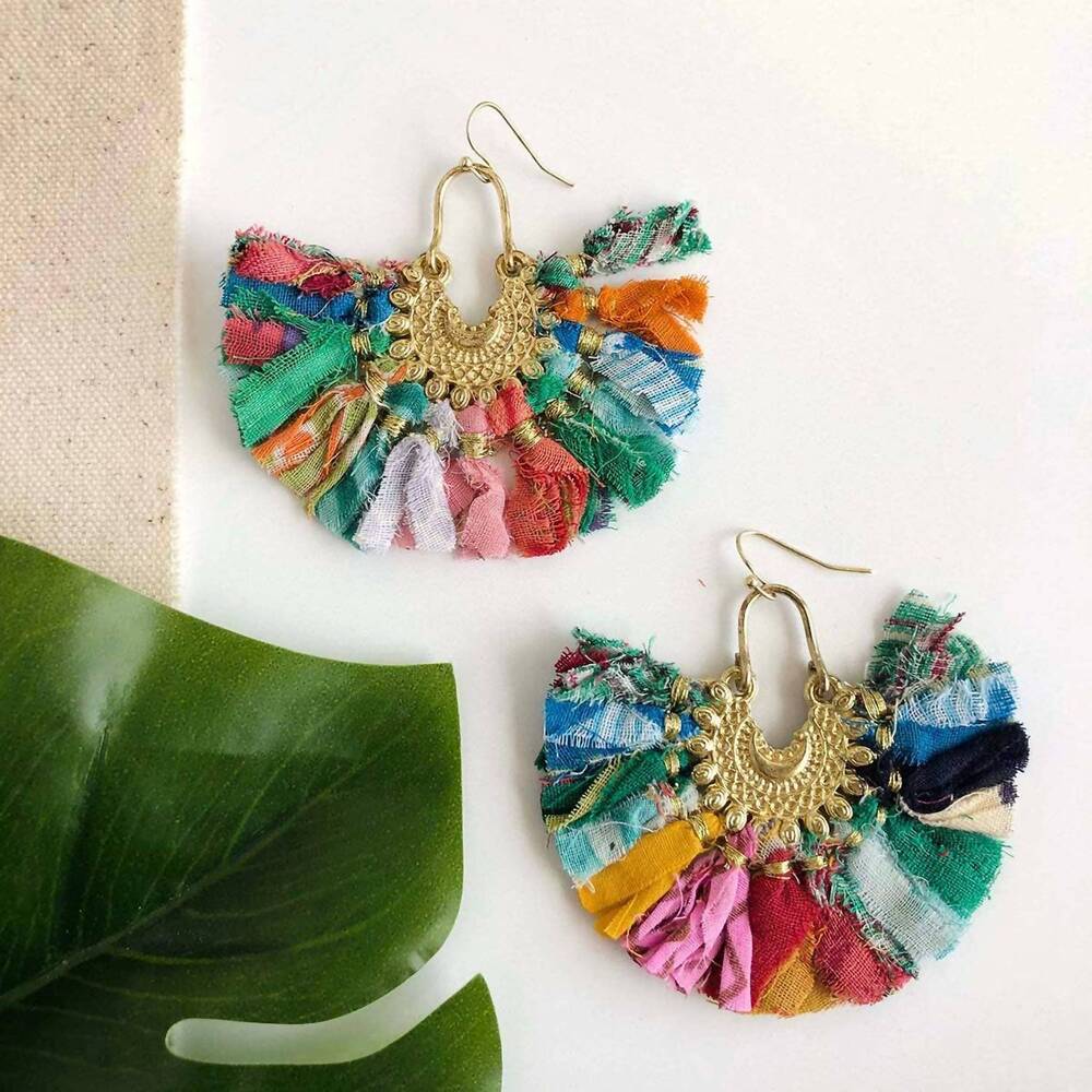 NEW WORLD FINDS women's kantha ornamental chandeliers earring in multi